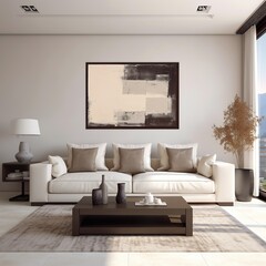 Upscale living room showcasing neutral tones, sophisticated decor, and a statement abstract painting