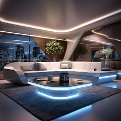 Obraz premium Chic contemporary living room featuring futuristic furniture and ambient led lighting