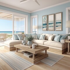 Chic coastal living room featuring bright, airy decor with a comfortable couch and stunning beachside view