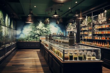 Cannabis street store. Food shopping health drug legal. Generate Ai