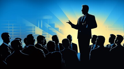 a businessman standing in front of a crowd of people in a conference