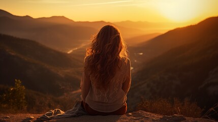 a woman sitting on top of a mountain at sunset