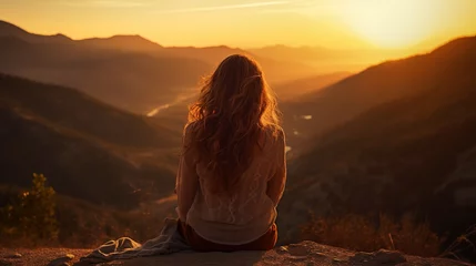 Papier Peint photo Lavable Chocolat brun a woman sitting on top of a mountain at sunset