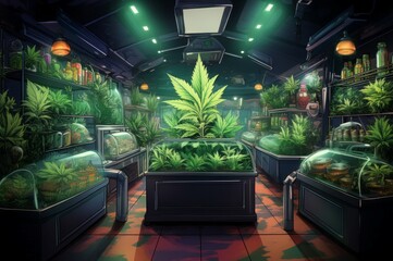 Cannabis street store big leaves. Herb narcotic exterior bud market. Generate Ai - obrazy, fototapety, plakaty