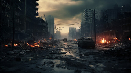 Empty street of burnt up city