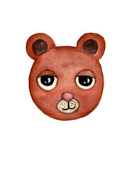 Portrait of a teddy bear isolated on a white background. Stylized children's illustration. Brown. Big round eyes, round ears, a small slight smile. Watercolor drawing. Just the head, a simple drawing.