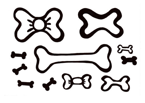 A set of different bones. Black contour drawing on white background. Bones of different sizes and shapes. Small with black filling. Larger ones are drawn linearly. And decorative in the form of bows.
