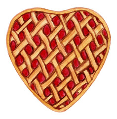 Cake in the form of heart isolated on white background. Watercolor drawing. Classic grid cake with red filling. Dough made of various shades of orange, ocher. Berry pie. Cherry pie, strawberry pie etc