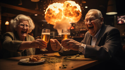 Two senior friends drinking beer and having fun at a bar, celebrating
