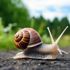 Stunning drawing of realistic snail front, animal planet, full-length snail. Unusual background.