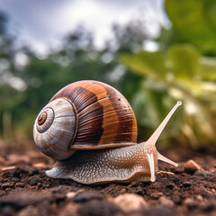 Stunning drawing of realistic snail front, animal planet, full-length snail. Unusual background.