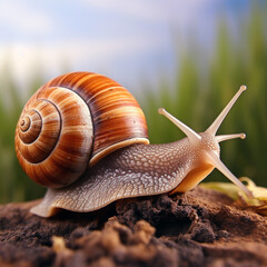 Stunning drawing of realistic snail front, animal planet, full-length snail. Unusual background. - obrazy, fototapety, plakaty