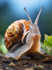 Stunning drawing of realistic snail front, animal planet, full-length snail. Unusual background.