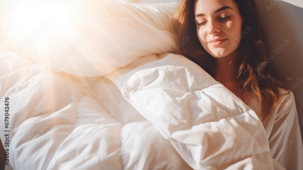 Wall mural Woman with a white warm duvet quilt in bedroom preparing for cold days of winter at home