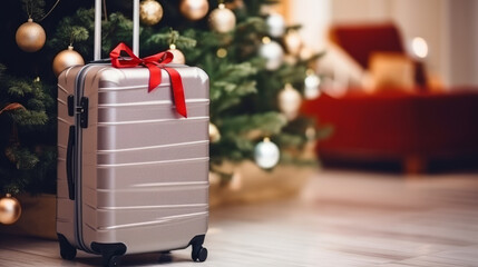 Suitcase next to a Christmas tree and gift box representing winter holidays season travel - obrazy, fototapety, plakaty