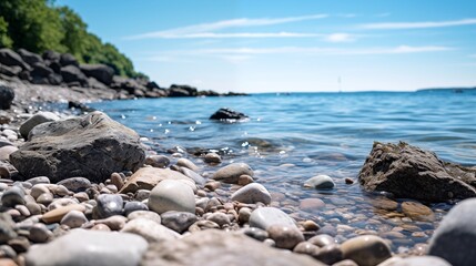 Fototapeta na wymiar a rocky beach with a body of water in the background