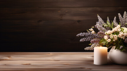 Empty wooden table with flowers