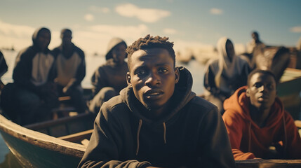 Portrait of homeless african black children and teenagers sitting in boat, they are migrants on their way to Europe