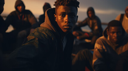 Portrait of homeless african black children and teenagers sitting in boat, they are migrants on...