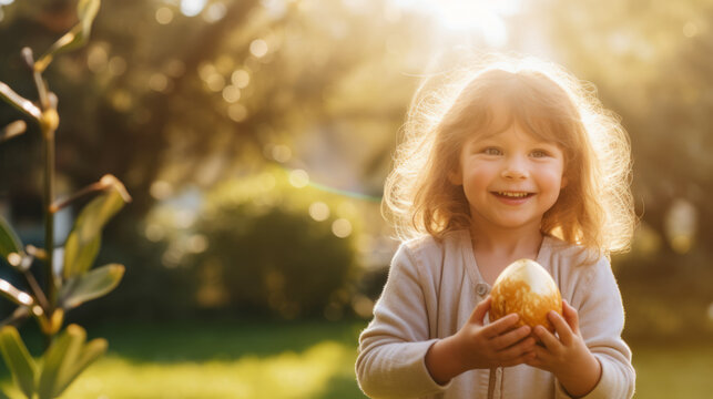 Happy child kid holding a easter egg in hands after picking it up in the garden