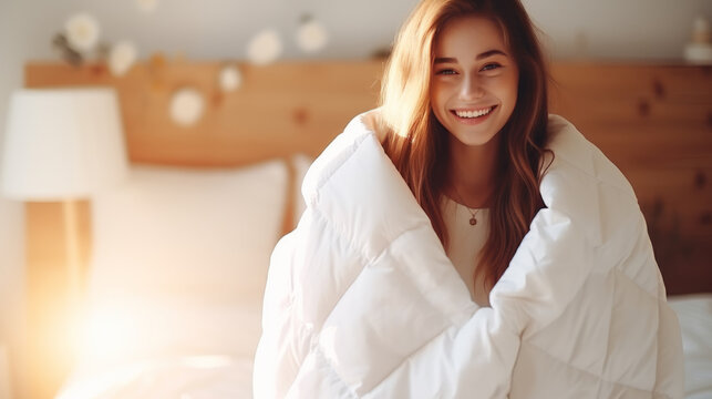 Woman with a white warm duvet quilt in bedroom preparing for cold days of winter at home