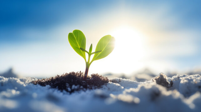 Young green sprout emerging from snowy frozen ground announcing end of winter end beginning of spring season