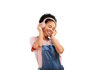 Woman, happy and headphones music listening or radio, rock audio or isolated transparent png...