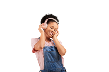Woman, happy and headphones music listening or radio, rock audio or isolated transparent png background. Black person, smile and streaming playlist for jazz song track, podcast fun or hear hip hop