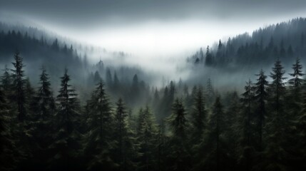 a forest filled with lots of trees covered in fog