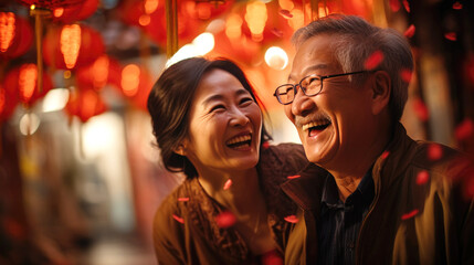 Obraz na płótnie Canvas smiling Chinese old couple on lanterns background, lunar spring festival