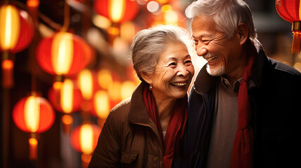 smiling Chinese old couple on lanterns background, lunar spring festival