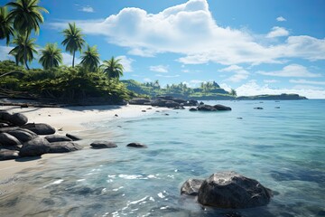 Kiribati beach with stones and palm trees. Mountains in the background. Generative AI Art. Beautiful view.