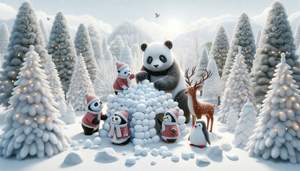 A group of cute friends playing with snowballs in snowy forest,  illustration created using Ai generative tools. - obrazy, fototapety, plakaty