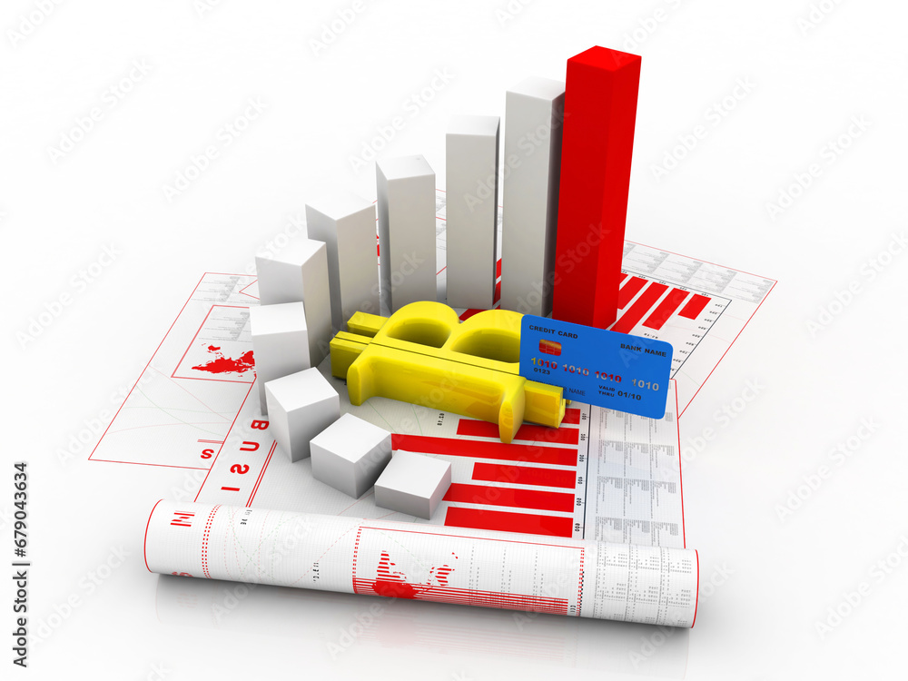 Poster 3d rendering stock market online business concept. business graph with debit card swipe bit coin