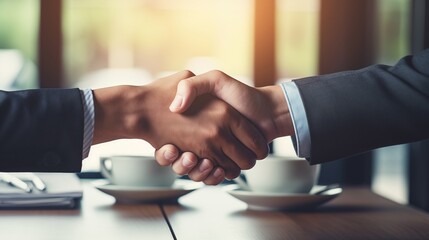 a close up of two business people shaking hands - obrazy, fototapety, plakaty