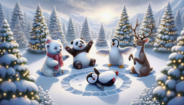 A group of cute friends gathered around their funny friend penguin making circles in the snow, in forest with beautifully lit snowed trees. Illustration created using Ai generative tools.
