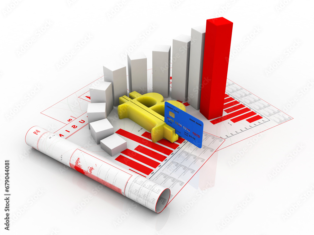 Poster 3d rendering stock market online business concept. business graph with debit card swipe bit coin