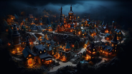 Fairy tale night halloween village landscape