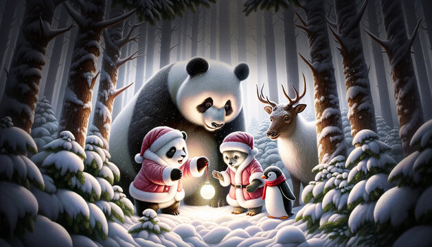 A group of cute friends gathered around a magically glowing Christmas ball with awe, in dark snowy forest,  illustration created using Ai generative tools.