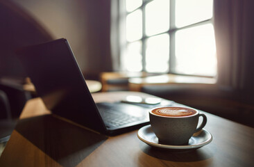 Close-up view, coffree cup with laptop computer, notebook on wooden table by the window in cafe. Vintage light, blurred background