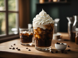 delicious iced cold brew coffee with whipped cream - obrazy, fototapety, plakaty