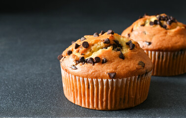 Muffins with chocolate chips on a dark background