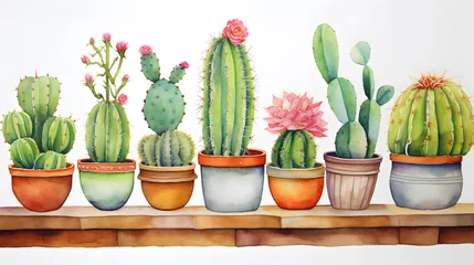 Glasschilderij Cactus in pot Watercolor set of cactus flowers illustration 