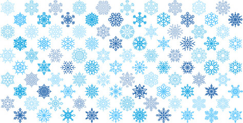 Fluffy different snowflakes, element of winter festival decoration in regular geometric lattice. Winter snow, Christmas miracle geometric horizontal banner. Vector isolated on white background