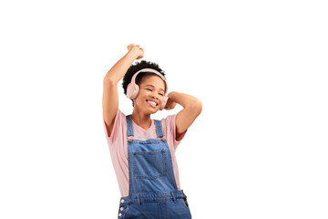Woman, dance and music for headphones audio or radio, rock listen or isolated transparent png...