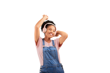 Woman, dance and music for headphones audio or radio, rock listen or isolated transparent png background. Black person, move and smile for streaming playlist or jazz song track, podcast or hip hop