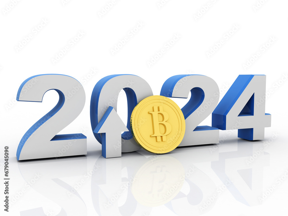 Poster 3d rendering bitcoin sign currency in gold coin with 2024