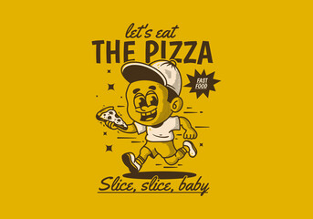 Let's eat the pizza. Boy character running and holding a slice pizza