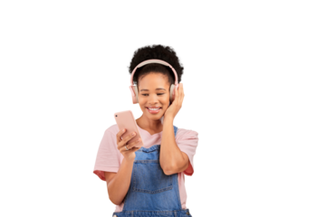 Woman, cellphone and headphones for listening happy or music audio, internet or isolated transparent png background. Black person, face and smile for streaming playlist online, hip hop or podcast