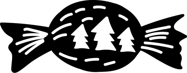 Doodle silhouette of festive New Year candy, element of winter festival decoration. New Year candy winter symbol. Simple black shape freehand vector icon isolated on white background